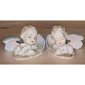 Vtg Lefton Cherub Angel Figurines Pair #432 Blue Eyes Lyre Pastel Angels